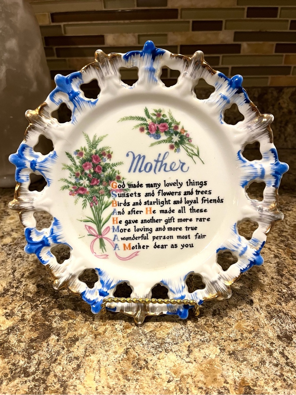 Vintage Decorative 'Mother' Floral Porcelain Plate - White and Blue - Picture 2 of 7